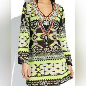 Aztec tropical embellished beaded Beach swim cover up tunic